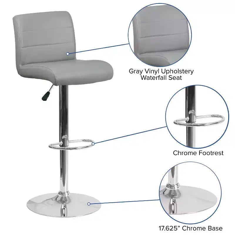 Flash Furniture Contemporary Vinyl Adjustable Height Barstool with Rolled Seat and Chrome Base