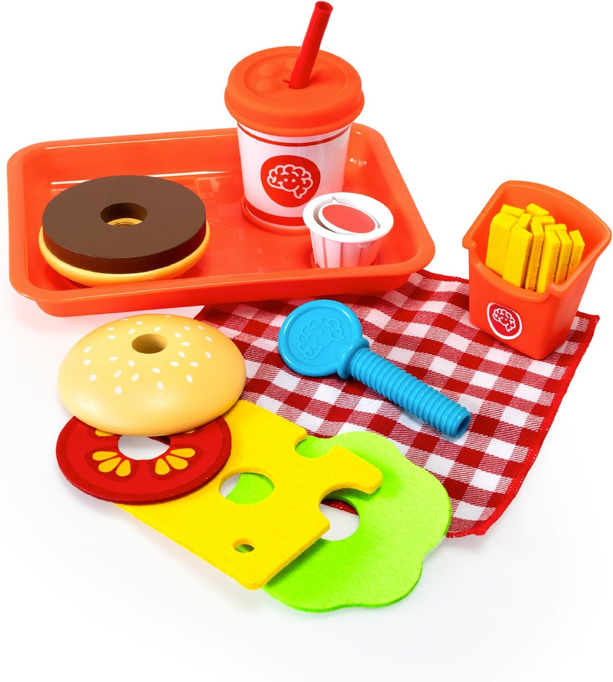 Fat Brain Toys Pretendables Burger & Fries Ensemble de nourriture en bois pour jeu de simulation