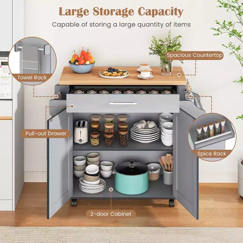 Costway Rolling Kitchen Island Cart Storage Cabinet w/ Towel & Spice Rack White\Black\Cherry\Gray