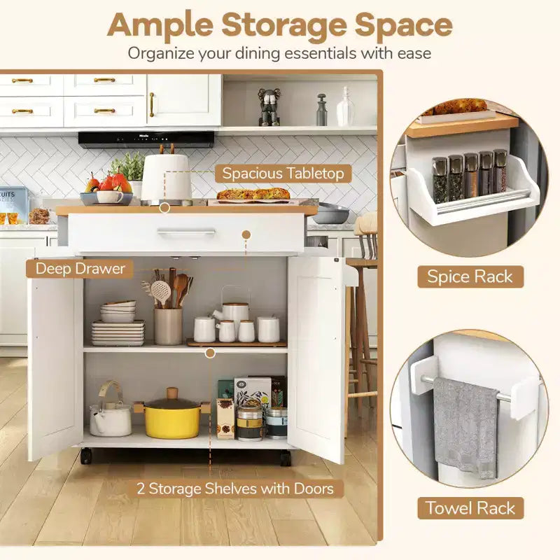 Costway Rolling Kitchen Island Cart Storage Cabinet w/ Towel & Spice Rack White\Black\Cherry\Gray