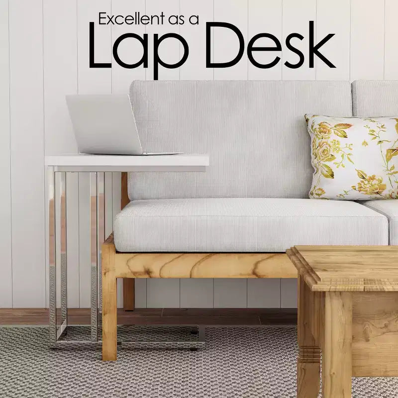 Hastings Home C-Shaped Sofa Side Table - Modern End Table, Laptop Tray, or Compact Bedside Nightstand - Space Saving Furniture (White)