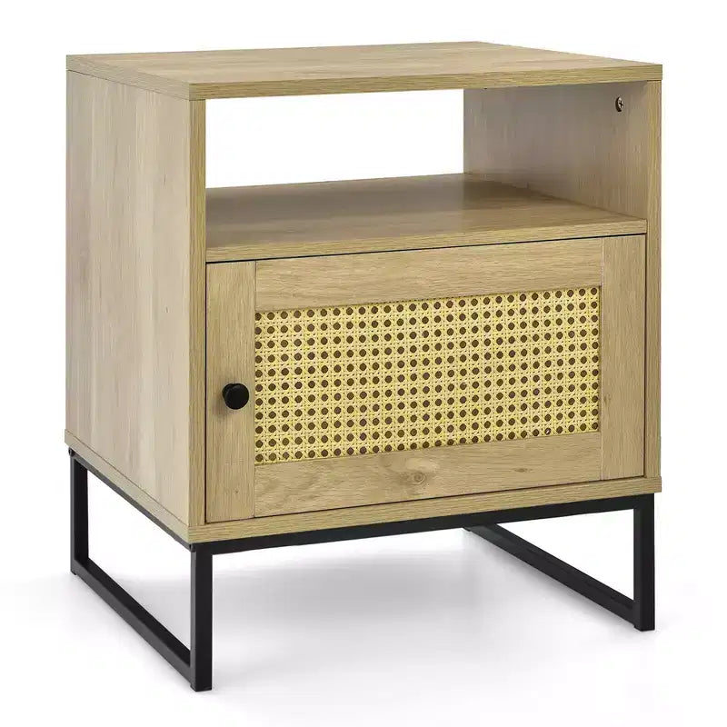 Costway 2PCS Nightstand w/ Cabinet Wooden Side End Table Rattan Decorated Door Oak