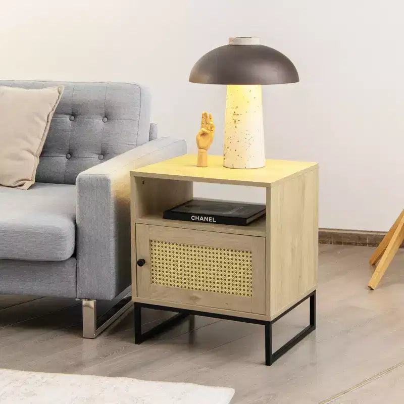 Costway 2PCS Nightstand w/ Cabinet Wooden Side End Table Rattan Decorated Door Oak