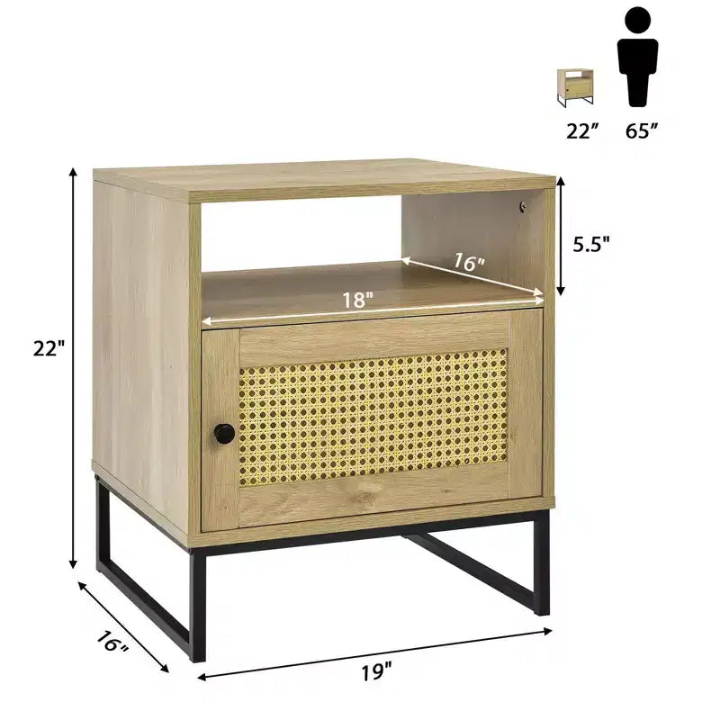 Costway 2PCS Nightstand w/ Cabinet Wooden Side End Table Rattan Decorated Door Oak