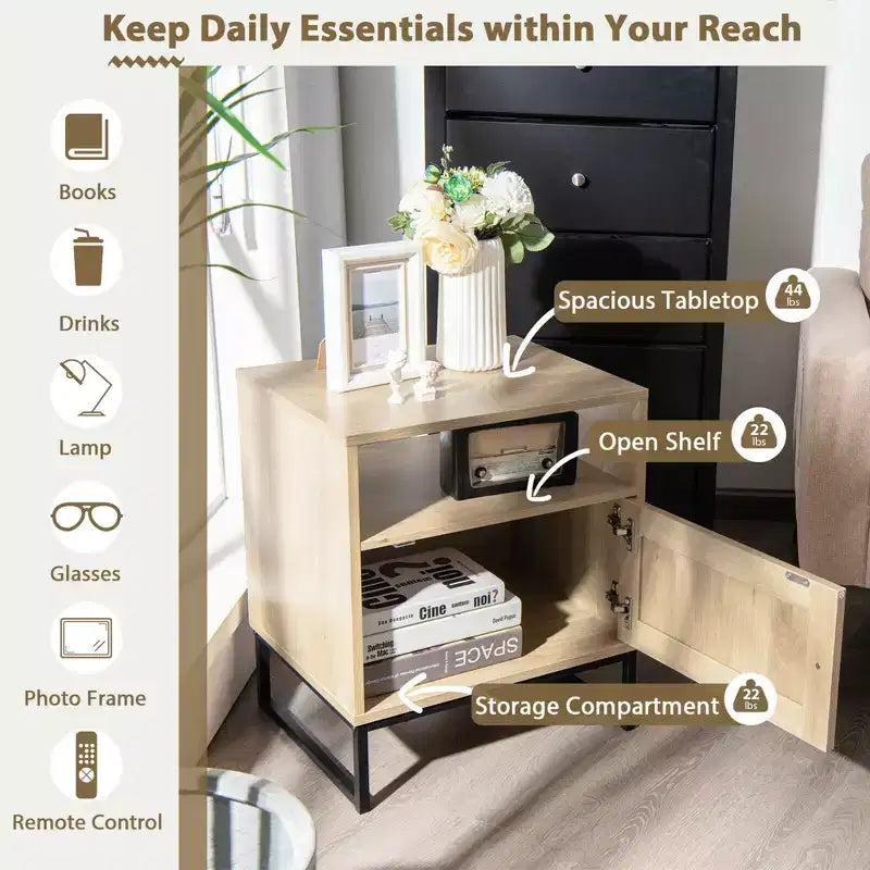 Costway 2PCS Nightstand w/ Cabinet Wooden Side End Table Rattan Decorated Door Oak