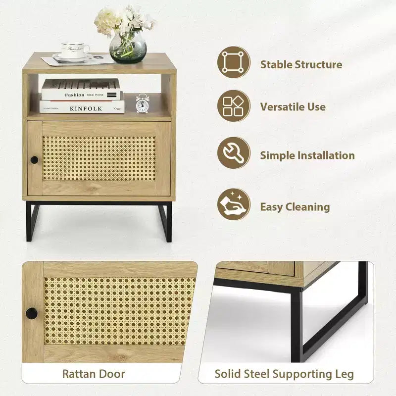 Costway 2PCS Nightstand w/ Cabinet Wooden Side End Table Rattan Decorated Door Oak