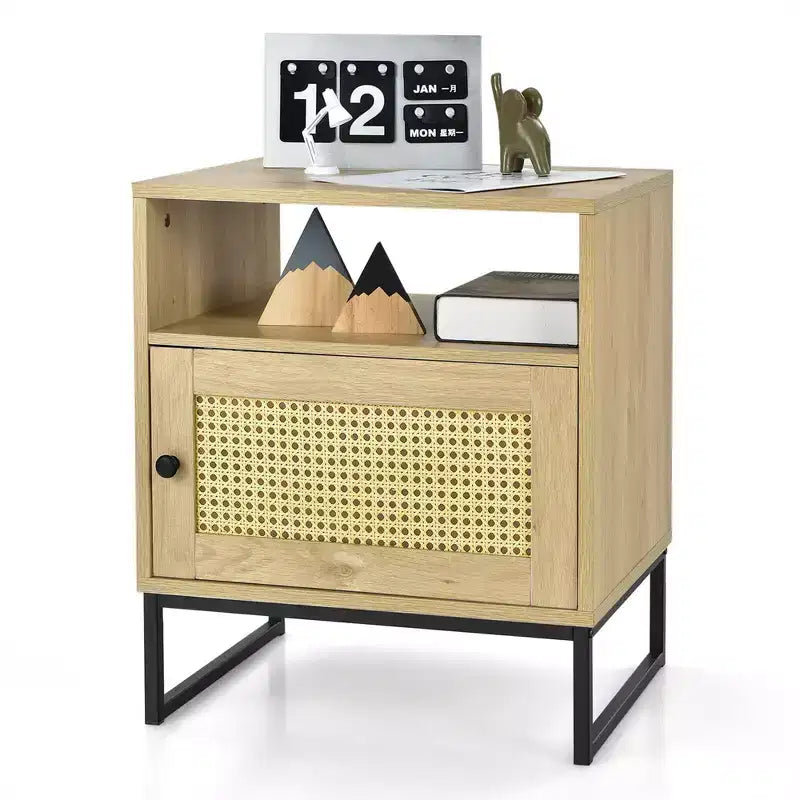 Costway 2PCS Nightstand w/ Cabinet Wooden Side End Table Rattan Decorated Door Oak