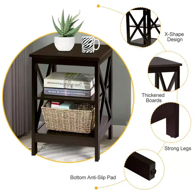 Costway 2 PCS 3-Tier Nightstand End Table X Design Storage Display Shelf Living Room