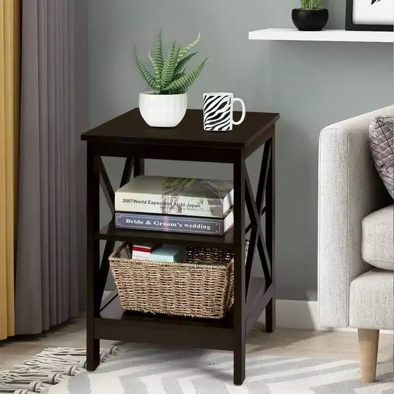Costway 2 PCS 3-Tier Nightstand End Table X Design Storage Display Shelf Living Room
