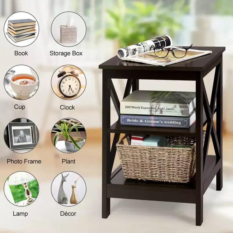 Costway 2 PCS 3-Tier Nightstand End Table X Design Storage Display Shelf Living Room