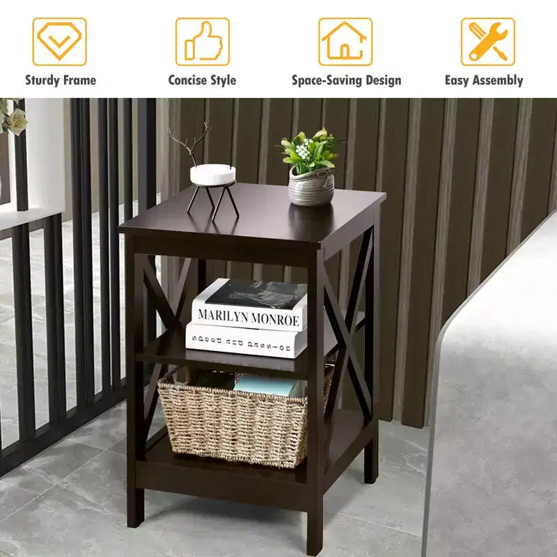 Costway 2 PCS 3-Tier Nightstand End Table X Design Storage Display Shelf Living Room