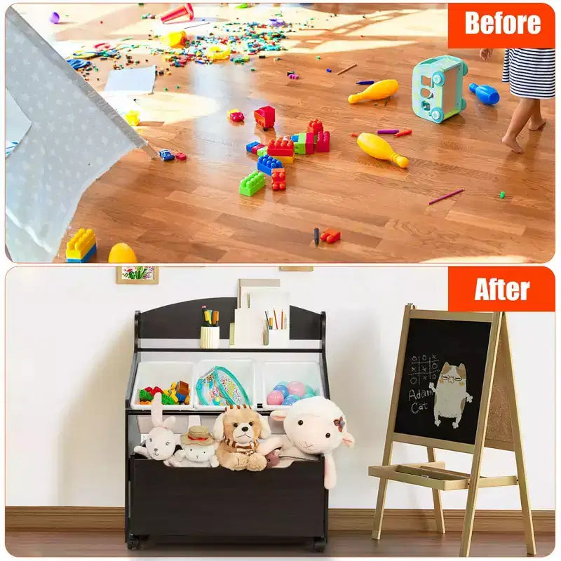 Costway Kids Wooden Toy Storage Unit Organizer w/Rolling Toy Box & Plastic Bins Natural\Espresso