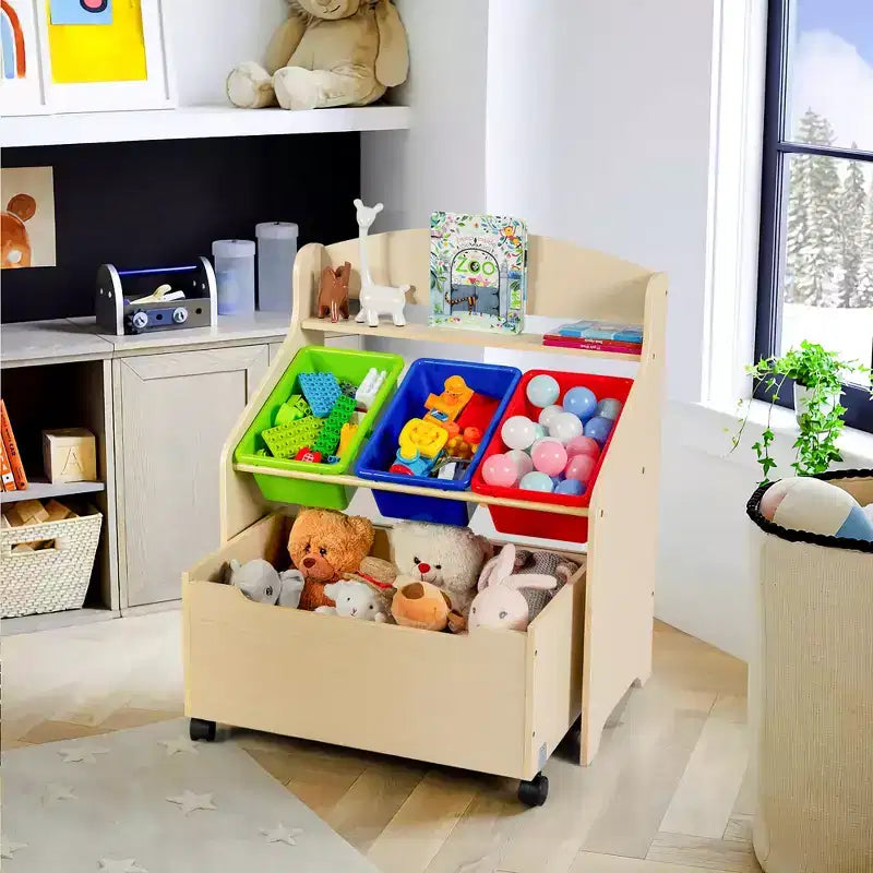 Costway Kids Wooden Toy Storage Unit Organizer w/Rolling Toy Box & Plastic Bins Natural\Espresso