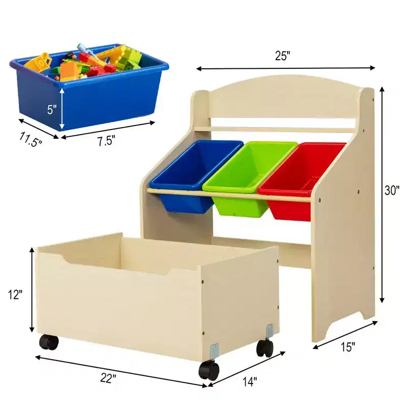 Costway Kids Wooden Toy Storage Unit Organizer w/Rolling Toy Box & Plastic Bins Natural\Espresso