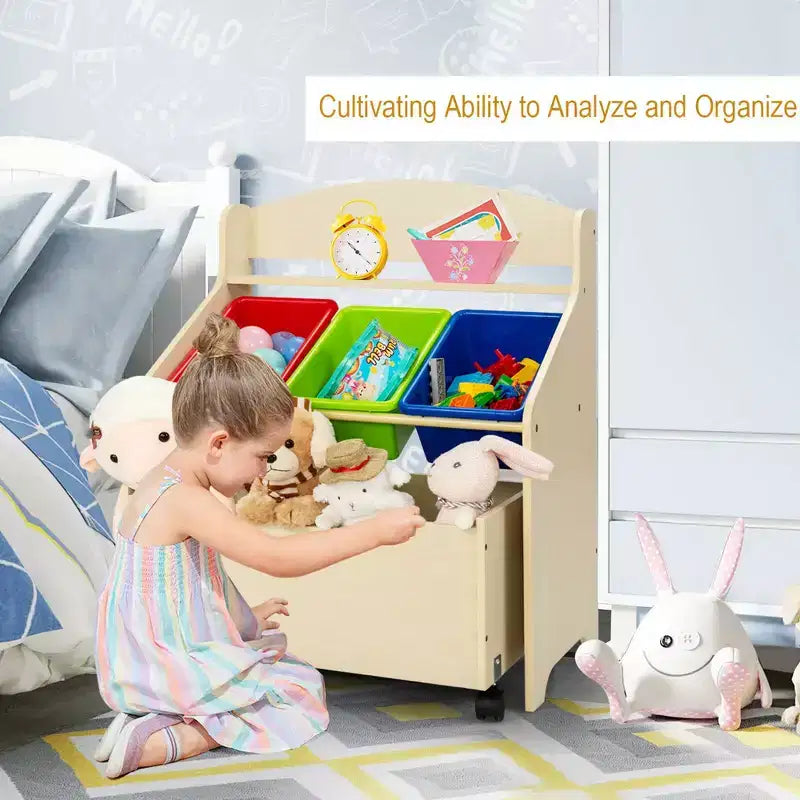 Costway Kids Wooden Toy Storage Unit Organizer w/Rolling Toy Box & Plastic Bins Natural\Espresso