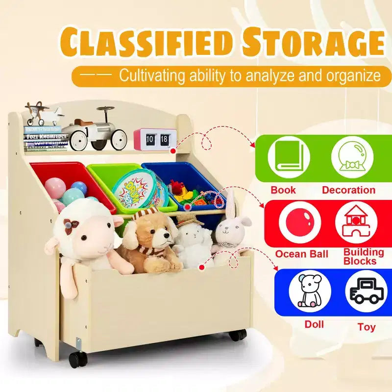 Costway Kids Wooden Toy Storage Unit Organizer w/Rolling Toy Box & Plastic Bins Natural\Espresso
