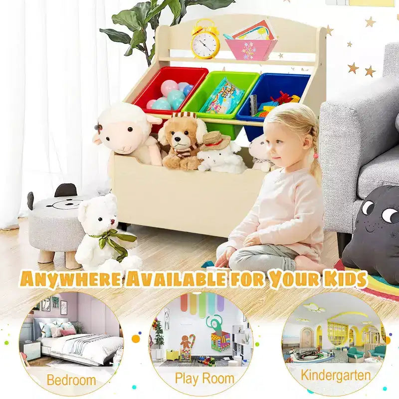 Costway Kids Wooden Toy Storage Unit Organizer w/Rolling Toy Box & Plastic Bins Natural\Espresso