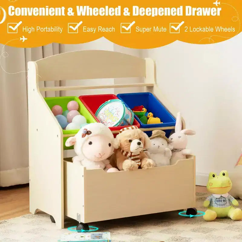 Costway Kids Wooden Toy Storage Unit Organizer w/Rolling Toy Box & Plastic Bins Natural\Espresso