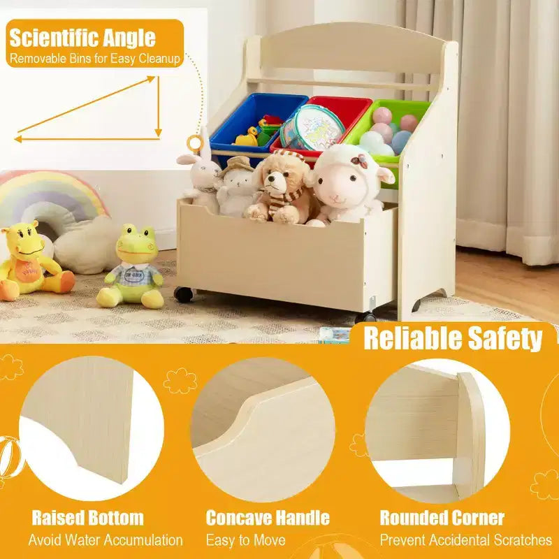 Costway Kids Wooden Toy Storage Unit Organizer w/Rolling Toy Box & Plastic Bins Natural\Espresso
