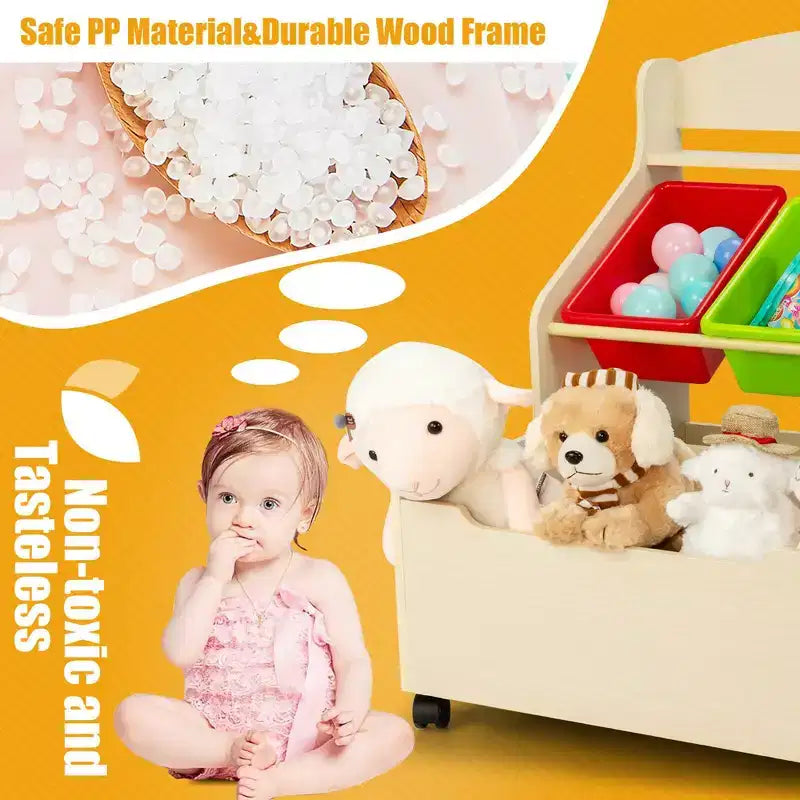 Costway Kids Wooden Toy Storage Unit Organizer w/Rolling Toy Box & Plastic Bins Natural\Espresso