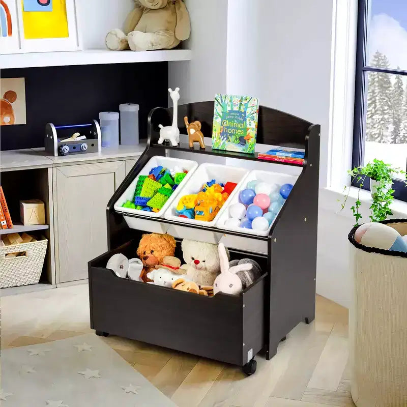 Costway Kids Wooden Toy Storage Unit Organizer w/Rolling Toy Box & Plastic Bins Natural\Espresso