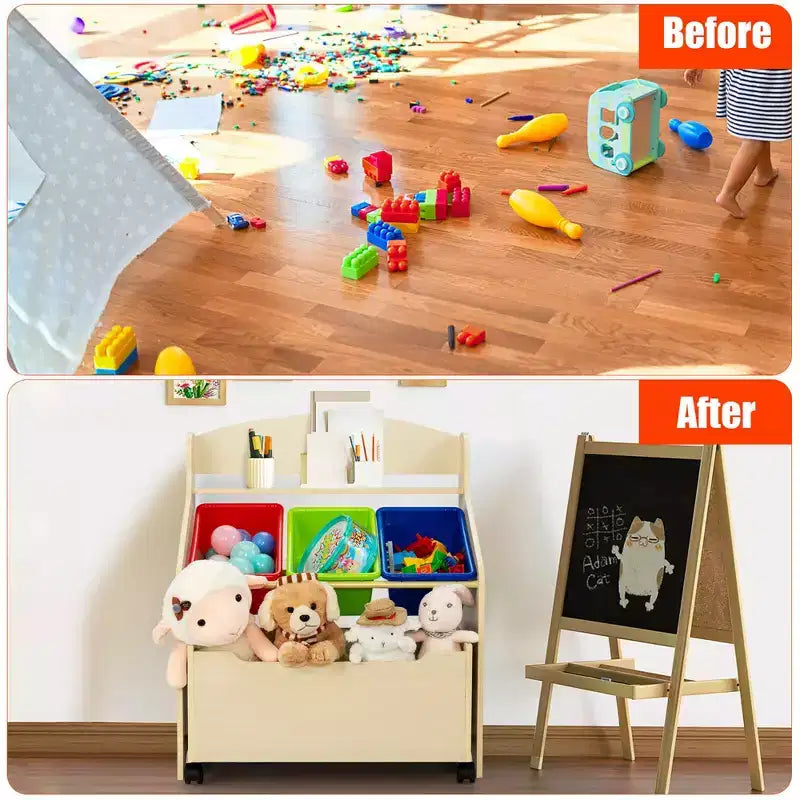 Costway Kids Wooden Toy Storage Unit Organizer w/Rolling Toy Box & Plastic Bins Natural\Espresso