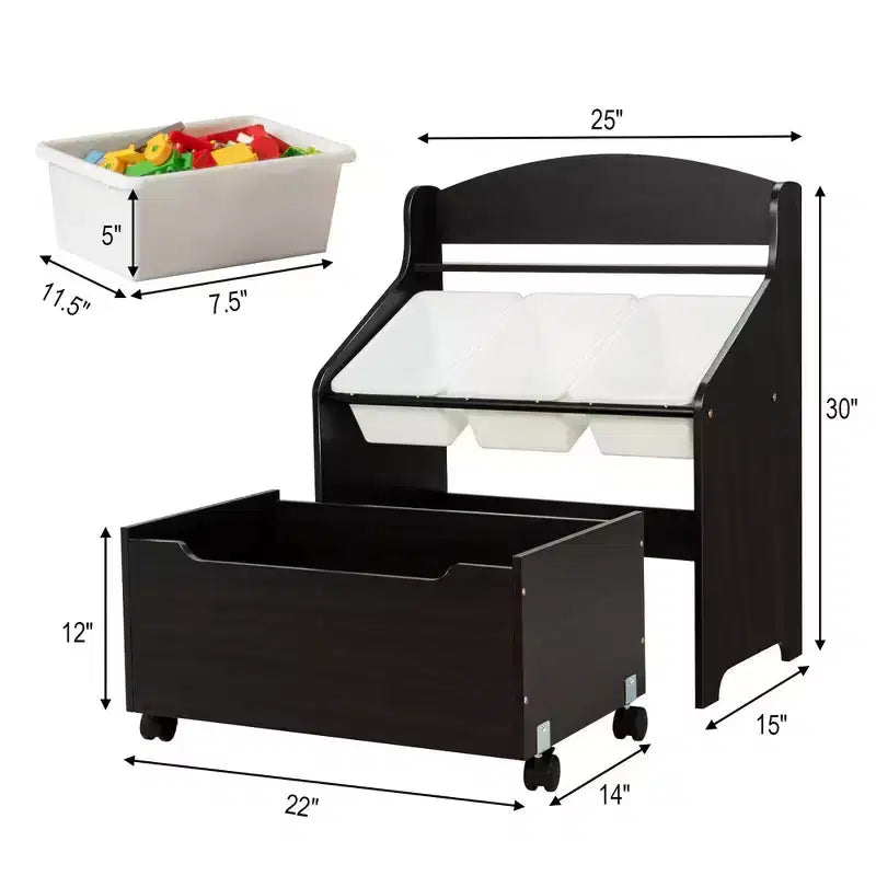 Costway Kids Wooden Toy Storage Unit Organizer w/Rolling Toy Box & Plastic Bins Natural\Espresso