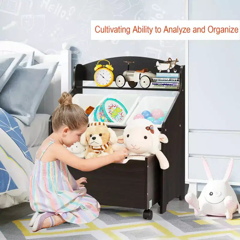 Costway Kids Wooden Toy Storage Unit Organizer w/Rolling Toy Box & Plastic Bins Natural\Espresso