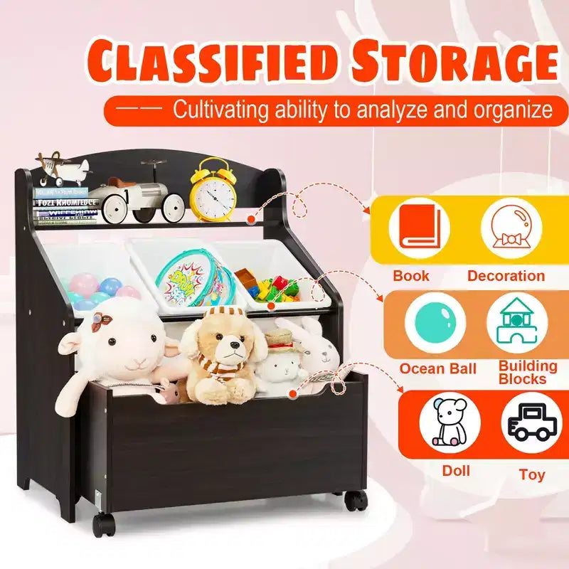 Costway Kids Wooden Toy Storage Unit Organizer w/Rolling Toy Box & Plastic Bins Natural\Espresso