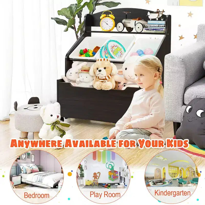 Costway Kids Wooden Toy Storage Unit Organizer w/Rolling Toy Box & Plastic Bins Natural\Espresso