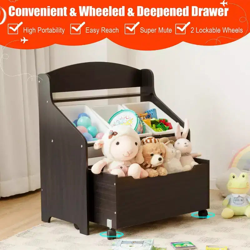 Costway Kids Wooden Toy Storage Unit Organizer w/Rolling Toy Box & Plastic Bins Natural\Espresso