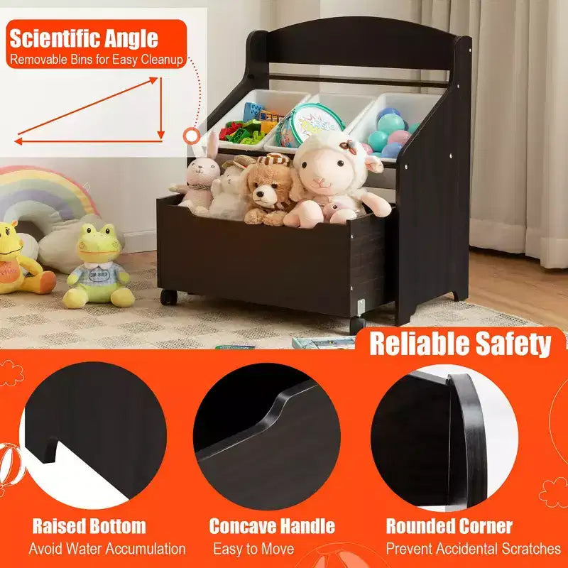 Costway Kids Wooden Toy Storage Unit Organizer w/Rolling Toy Box & Plastic Bins Natural\Espresso