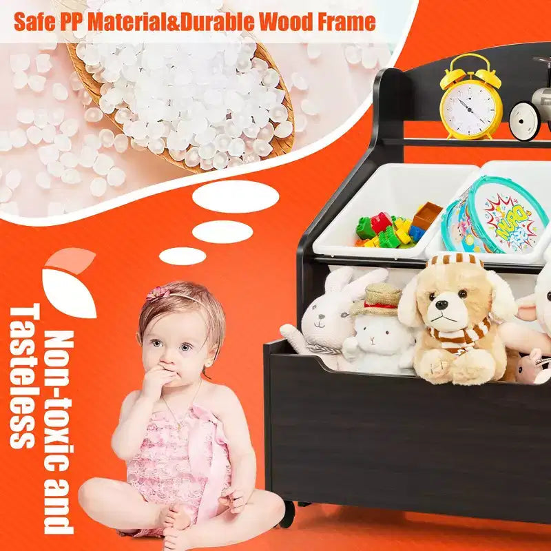Costway Kids Wooden Toy Storage Unit Organizer w/Rolling Toy Box & Plastic Bins Natural\Espresso