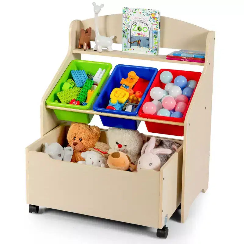 Costway Kinder-Spielzeugregal aus Holz mit rollbarer Spielzeugkiste & Kunststoffbehältern Natur/Espresso