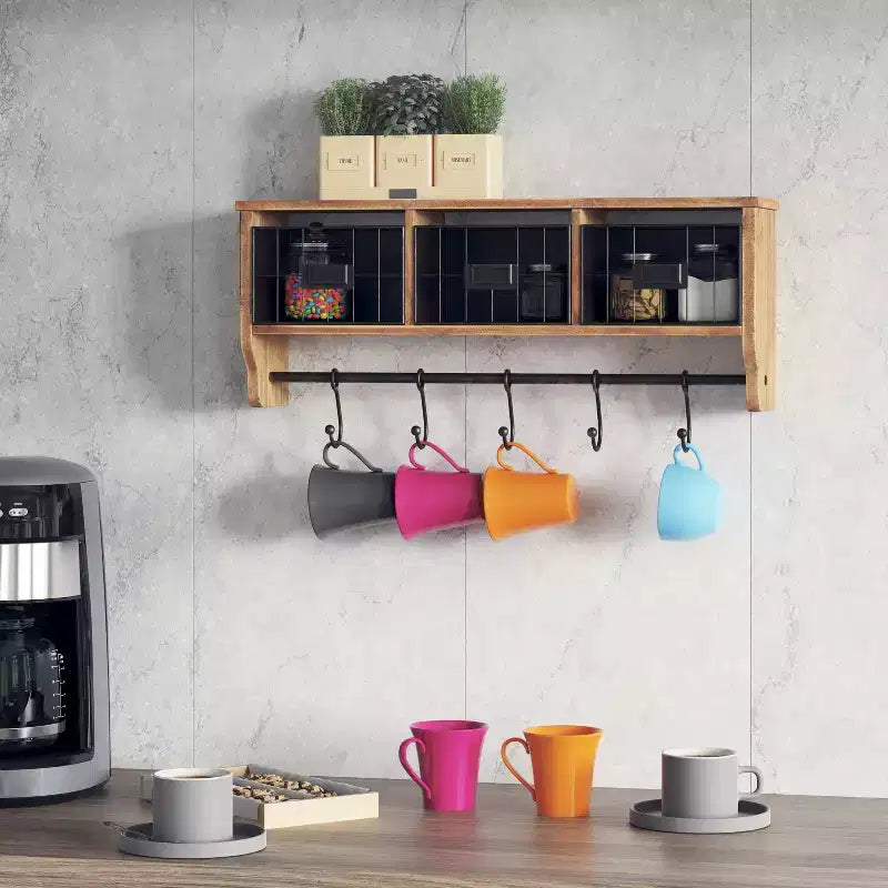 Emma and Oliver Rustic Country Wall Mounted Shelf with 5 Adjustable Sliding Hooks and Three Wire Storage Baskets