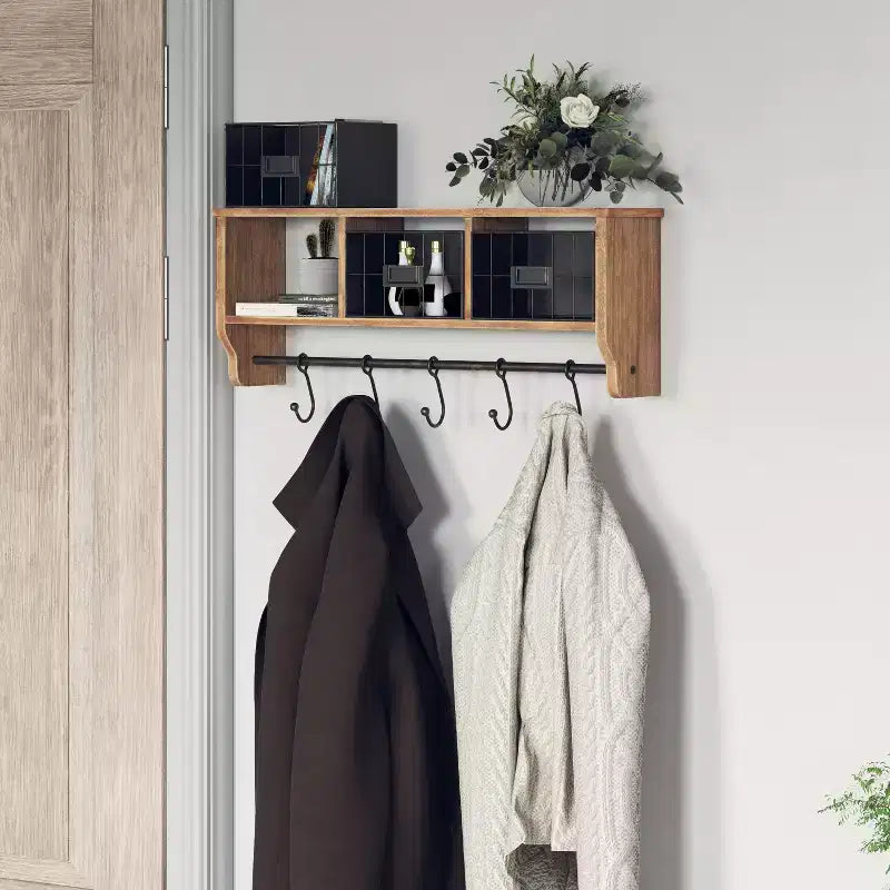 Emma and Oliver Rustic Country Wall Mounted Shelf with 5 Adjustable Sliding Hooks and Three Wire Storage Baskets