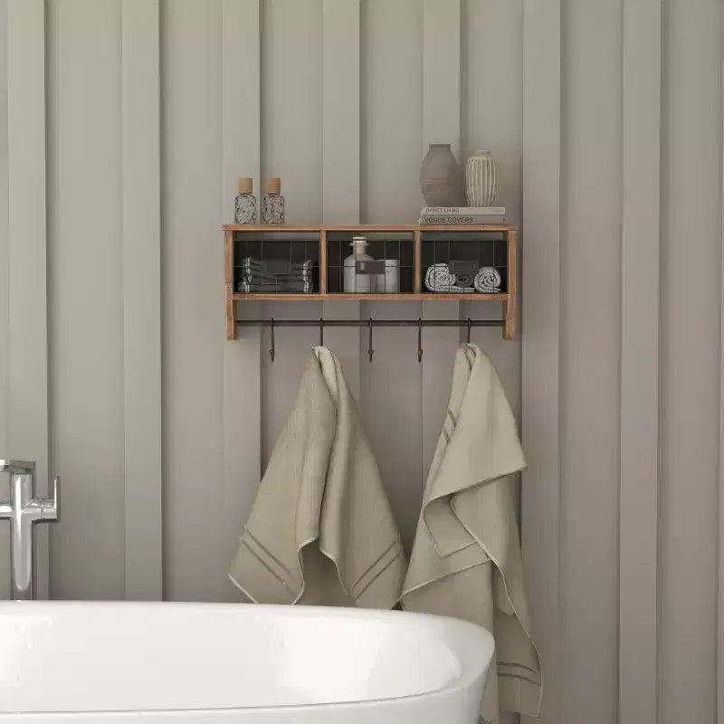 Emma and Oliver Rustic Country Wall Mounted Shelf with 5 Adjustable Sliding Hooks and Three Wire Storage Baskets