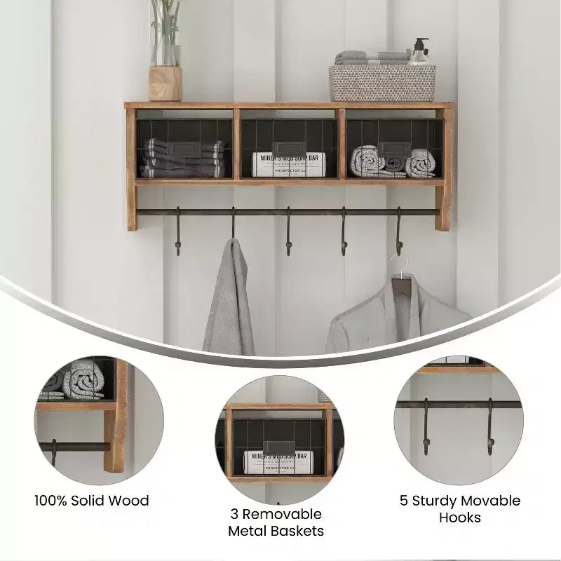 Emma and Oliver Rustic Country Wall Mounted Shelf with 5 Adjustable Sliding Hooks and Three Wire Storage Baskets