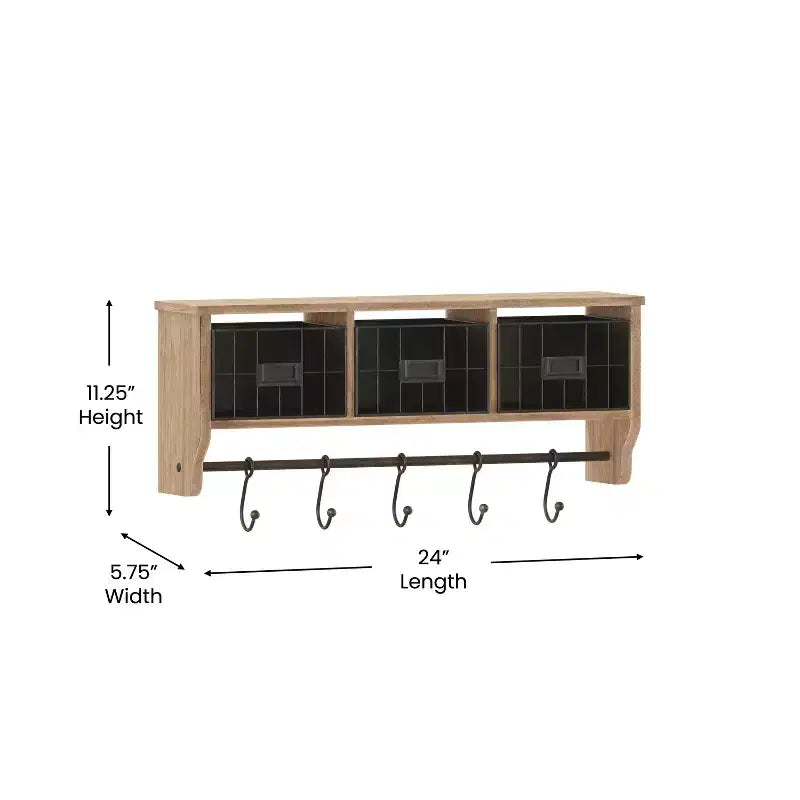 Emma and Oliver Rustic Country Wall Mounted Shelf with 5 Adjustable Sliding Hooks and Three Wire Storage Baskets