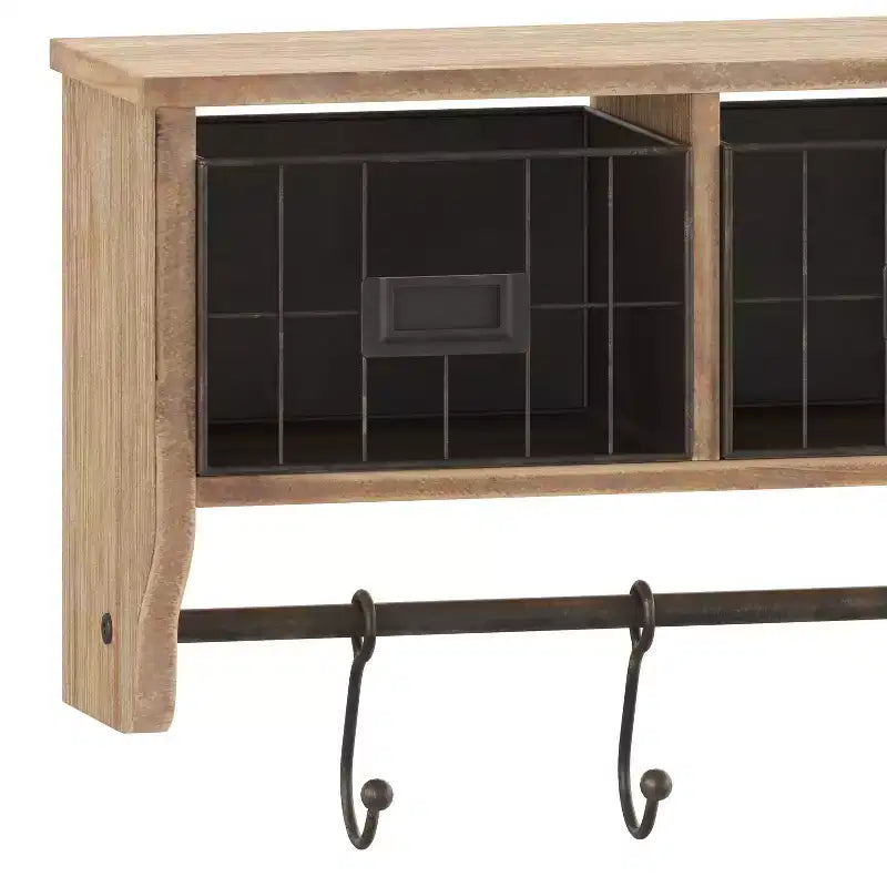 Emma and Oliver Rustic Country Wall Mounted Shelf with 5 Adjustable Sliding Hooks and Three Wire Storage Baskets
