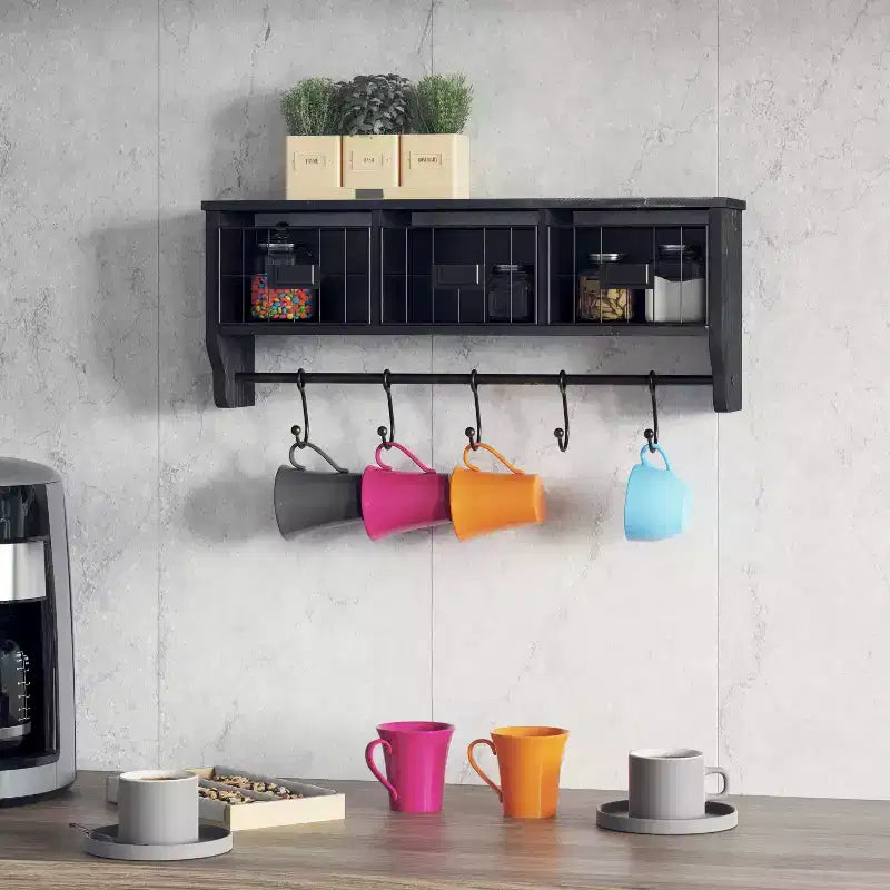 Emma and Oliver Rustic Country Wall Mounted Shelf with 5 Adjustable Sliding Hooks and Three Wire Storage Baskets