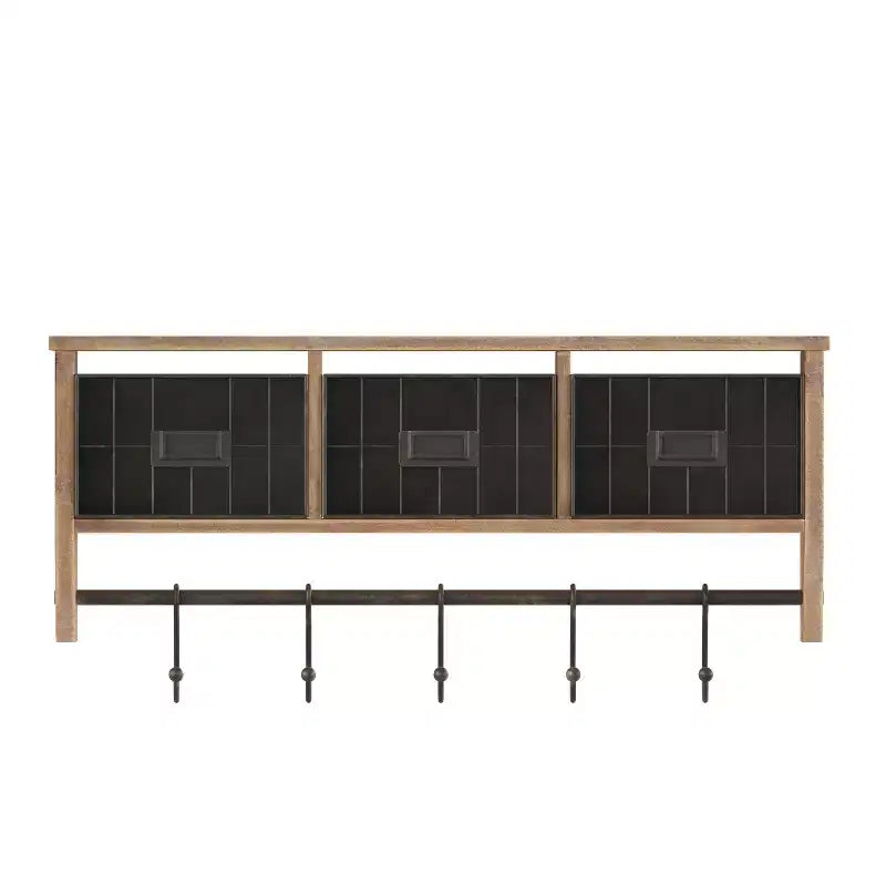 Emma and Oliver Rustic Country Wall Mounted Shelf with 5 Adjustable Sliding Hooks and Three Wire Storage Baskets