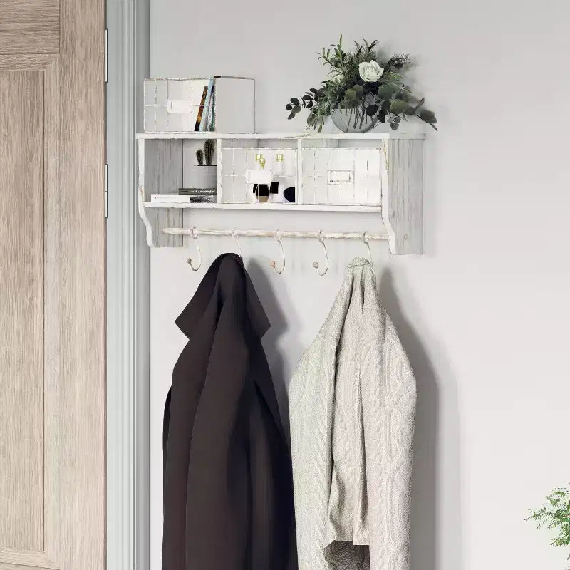 Emma and Oliver Rustic Country Wall Mounted Shelf with 5 Adjustable Sliding Hooks and Three Wire Storage Baskets