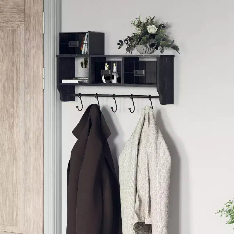 Emma and Oliver Rustic Country Wall Mounted Shelf with 5 Adjustable Sliding Hooks and Three Wire Storage Baskets