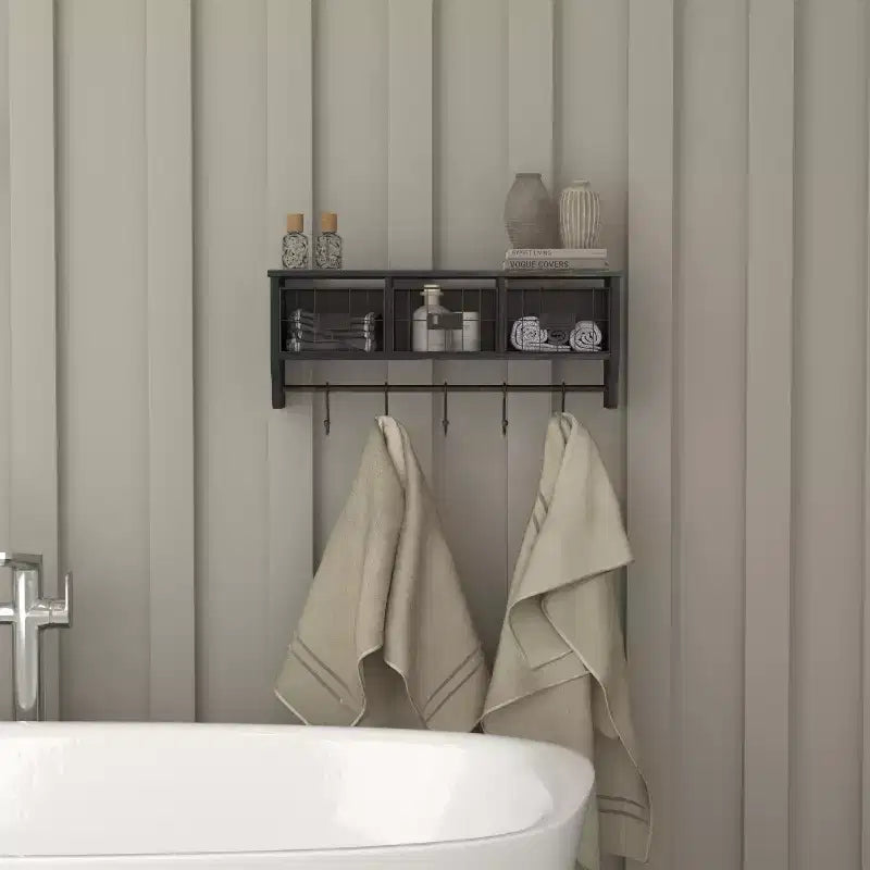Emma and Oliver Rustic Country Wall Mounted Shelf with 5 Adjustable Sliding Hooks and Three Wire Storage Baskets