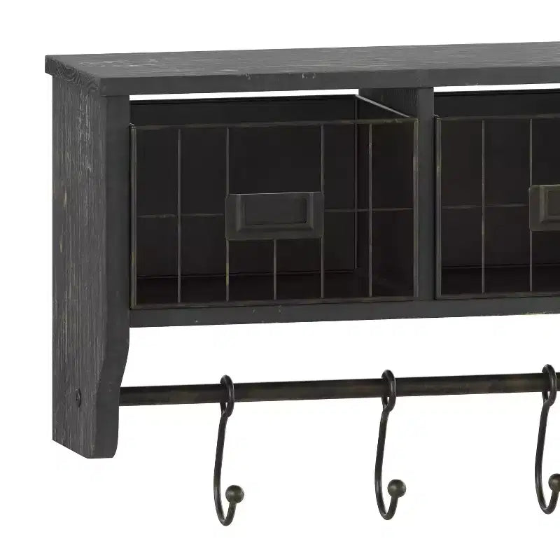 Emma and Oliver Rustic Country Wall Mounted Shelf with 5 Adjustable Sliding Hooks and Three Wire Storage Baskets