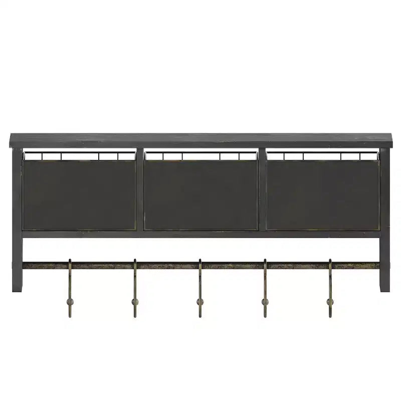 Emma and Oliver Rustic Country Wall Mounted Shelf with 5 Adjustable Sliding Hooks and Three Wire Storage Baskets