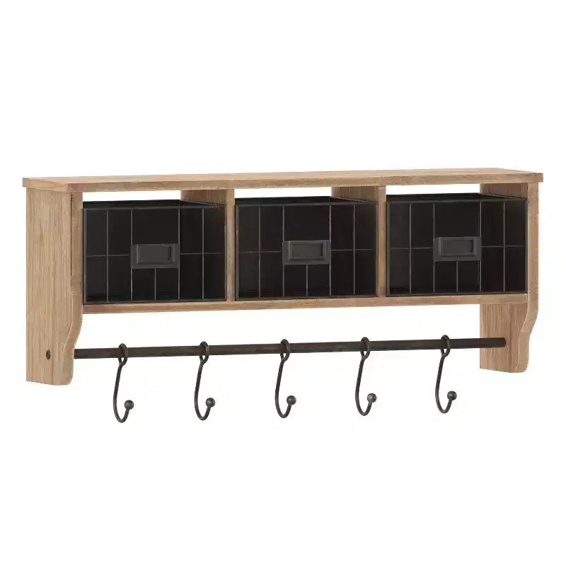 Emma and Oliver Rustic Country Wall Mounted Shelf with 5 Adjustable Sliding Hooks and Three Wire Storage Baskets