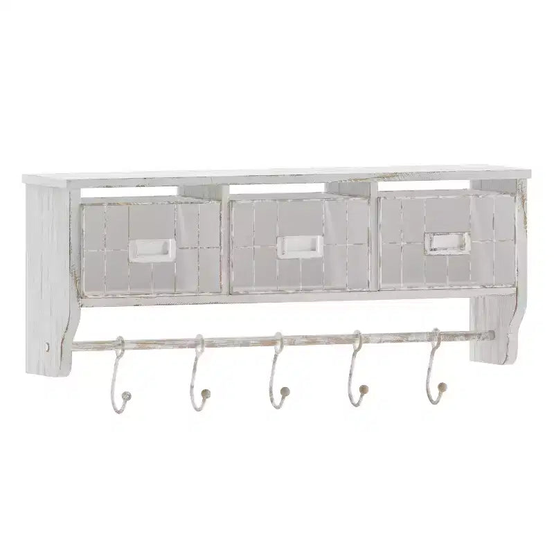 Emma and Oliver Rustic Country Wall Mounted Shelf with 5 Adjustable Sliding Hooks and Three Wire Storage Baskets