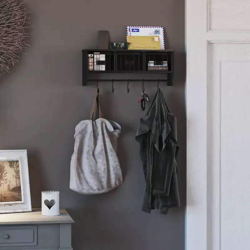 Merrick Lane Wall Mount 24 Inch Solid Pine Wood Storage Rack with Upper Shelf, 5 Hooks, and Wire Baskets for Living Room, Kitchen, or Entryway